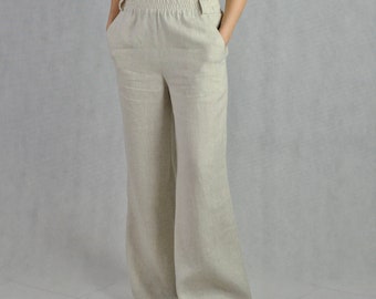 Pure natural linen wide trousers, summer flares, bellbottom pants, linen trousers with pockets, beach pants loose fit elasticated, no. 137