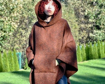 Tobacco Wool poncho with hood and pocket, boiled wool cape, loose fitting rusty pullover, unisex cape hand muff pocket, wool cloak  no. 147