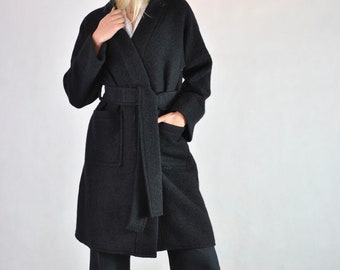 Black Wool coat , Autumn/Winter wool coat loose fitting kimono with pockets and belt, boiled wool cardigan, belted wool long jacket no. 128
