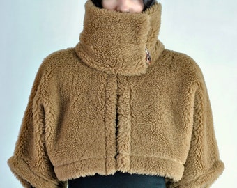 Sheep&#39;s wool cropped jacket, loose fitting shrug, natural brown wool, winter bolero, wool pile coat cape no. 132