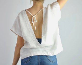Pure linen white blouse, white t-shirt, backless linen top, summer top, office blouse, loose fitting beach wear no. 58