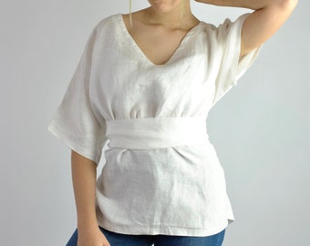 Casual Elegance: White Linen Blouse with Ties – Effortlessly Stylish Kimono-Inspired Tunic for Beach or Office Chic no. 57