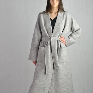 Wool coat grey soft winter loose fitting with pockets and belt, boiled wool cardigan, long kimono wool coat no. 113