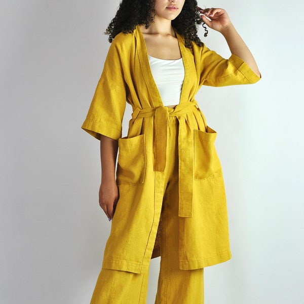 Pure linen yellow kimono dress, linen robe, summer kimono dress, linen dress with belt, spa robe shirt no. 84