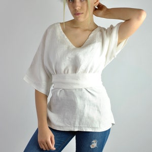 Casual Elegance: White Linen Blouse with Ties Effortlessly Stylish Kimono-Inspired Tunic for Beach or Office Chic no. 57 image 1