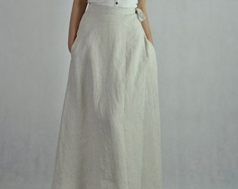 Pure linen long skirt, loose fitting wrap skirt with pockets, natural oatmeal linen, boho skirt, maxi summer skirt no. 122
