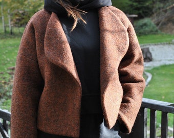 Wool winter jacket, tobacco brown rusty boiled wool cardigan, warm boiled wool fleece double layer coat  no. 150