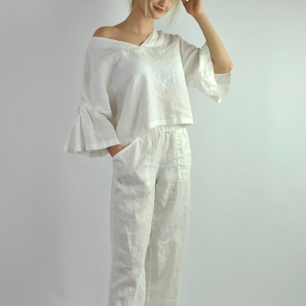 Pure white linen pants and blouse, linen set, trousers with pockets and top, beach, house pyjama, loungewear summer linen no. 57