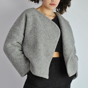 Wool winter jacket, boiled wool cardigan, warm boiled wool mix fleece overcoat light grey no. 79