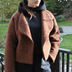 Wool winter jacket, tobacco brown rusty boiled wool cardigan, warm boiled wool fleece double layer coat  no. 150