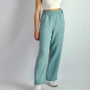 Pure linen wide turquoise trousers, summer flares, tailored pants, linen trousers with pockets, beach pants loose fit, no. 82 image 1