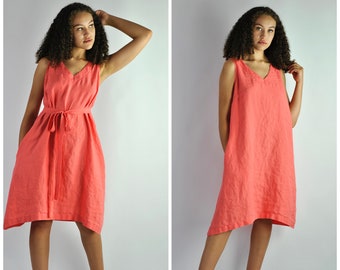 Pure linen loose coral dress, summer beach dress, comfortable lounge dress, house dress with pockets, peach pink dress with belt, no. 91