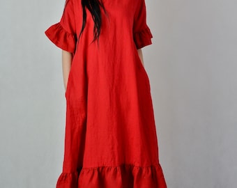 Red Linen Holiday Dress with Pockets - Frilled Midi Party Dress, Loose Fit Red comfortable dress no. 118