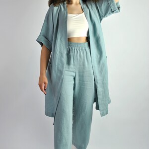 Pure linen wide turquoise trousers, summer flares, tailored pants, linen trousers with pockets, beach pants loose fit, no. 82 image 6