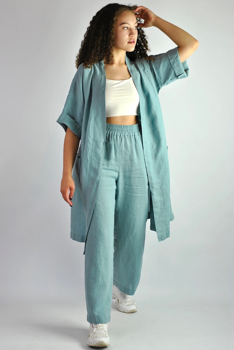 Pure linen wide turquoise trousers, summer flares, tailored pants, linen trousers with pockets, beach pants loose fit, no. 82 image 6