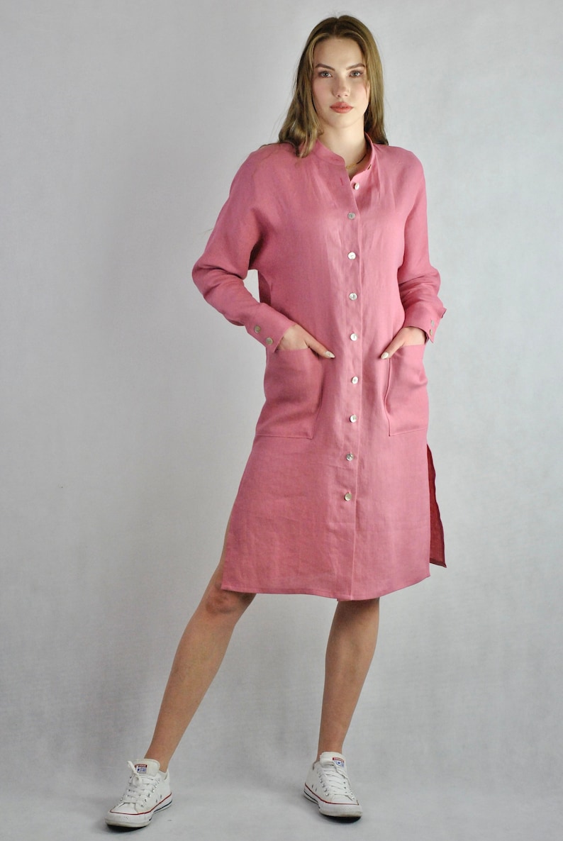 Pure linen Indian pink shirt, buttoned dress shirt, loose fitting tunic beach wear, summer top, casual dress soft linen no. 136 image 1