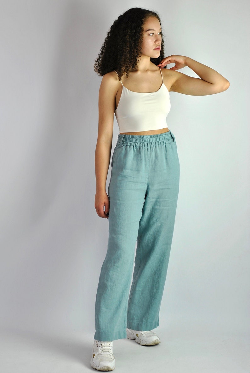 Pure linen wide turquoise trousers, summer flares, tailored pants, linen trousers with pockets, beach pants loose fit, no. 82 image 1