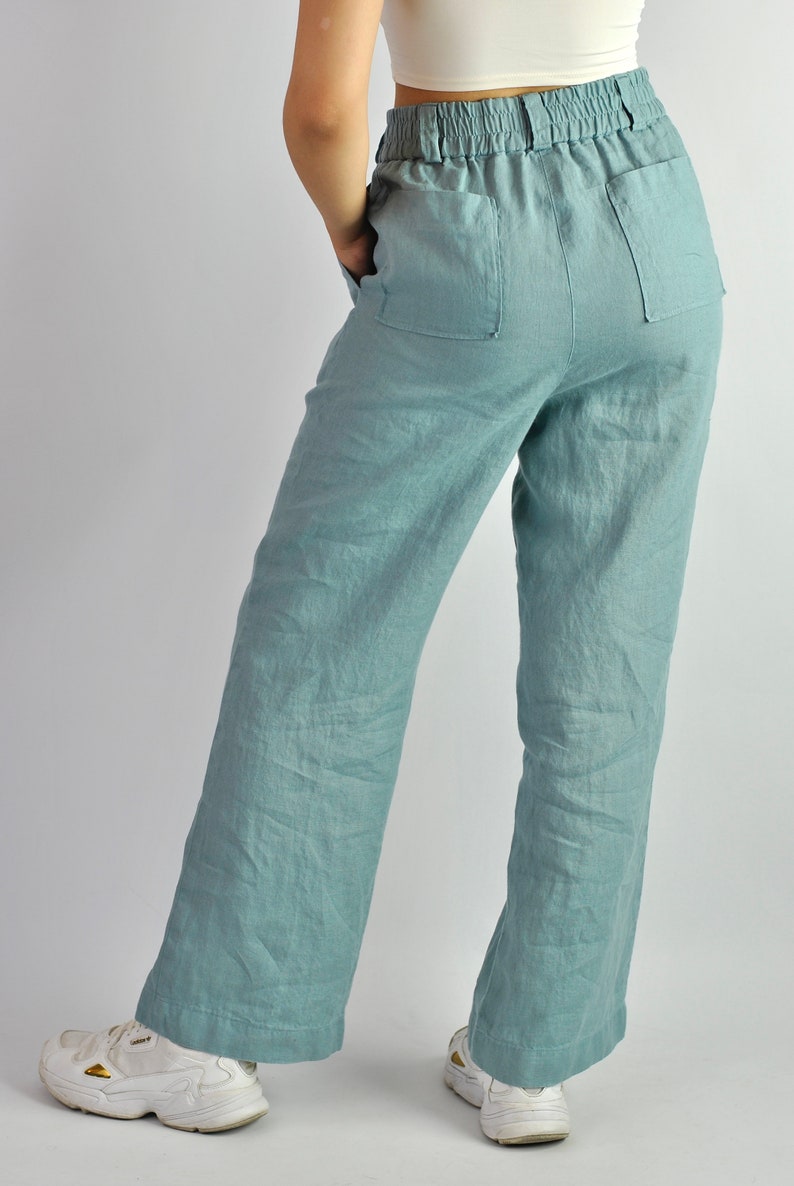 Pure linen wide turquoise trousers, summer flares, tailored pants, linen trousers with pockets, beach pants loose fit, no. 82 image 4