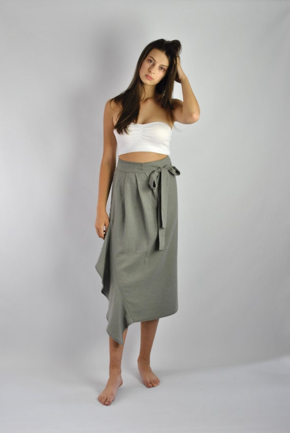 Pure Linen Long Skirt, Wrap Around Skirt With Ties, Grey Linen Skirt Loose  Fitting With Frill No. 22 