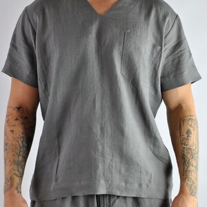 Men's linen t-shirt, Linen tracksuit top, grey linen shirt, Lounge linen top, linen shirt V-neck, Loungewear No. 67 image 2