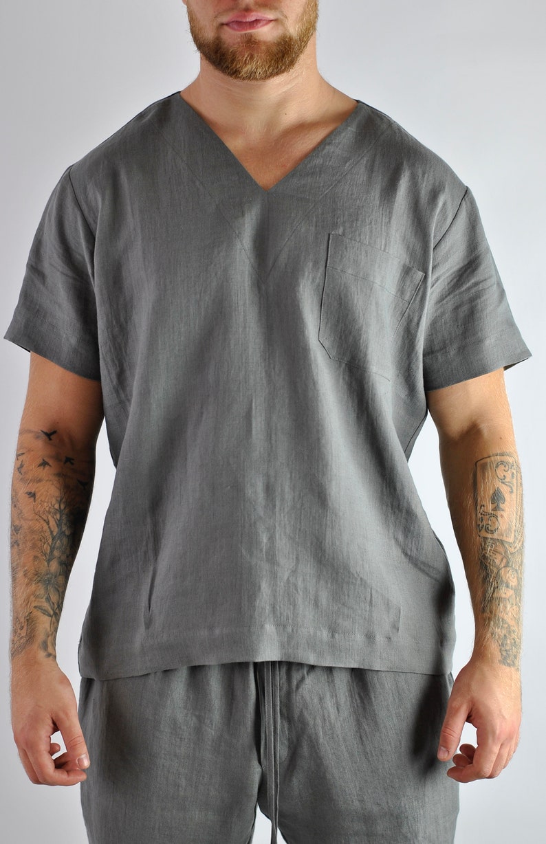 Men's linen t-shirt, Linen tracksuit top, grey linen shirt, Lounge linen top, linen shirt V-neck, Loungewear No. 67 image 2