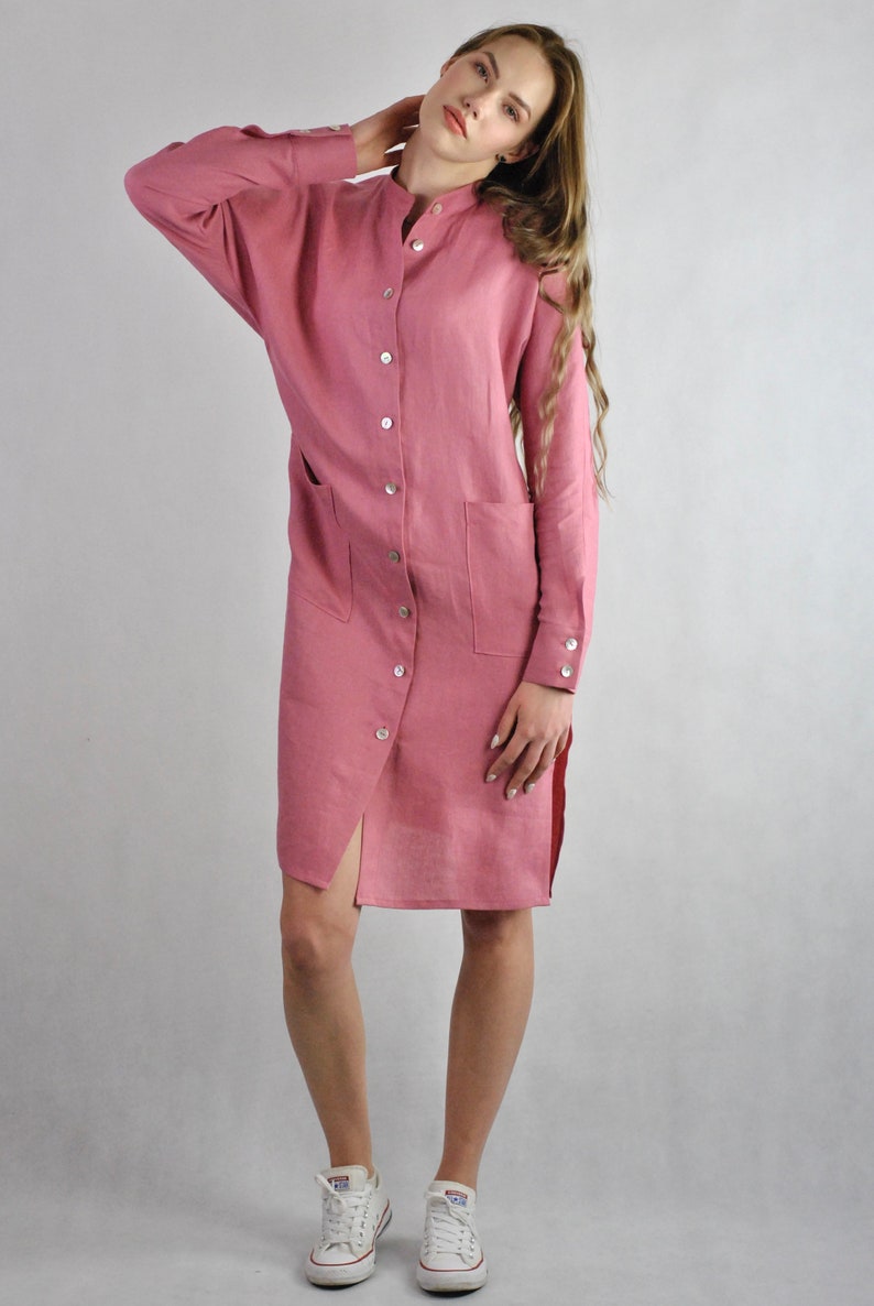 Pure linen Indian pink shirt, buttoned dress shirt, loose fitting tunic beach wear, summer top, casual dress soft linen no. 136 image 6