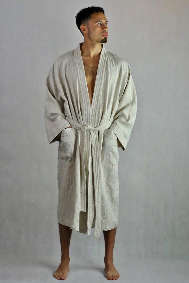 Men's Linen Natural Dressing Gown Bath Robe Summer Etsy