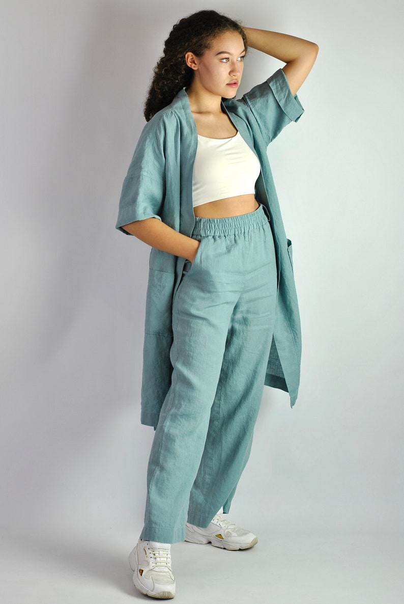 Pure linen wide turquoise trousers, summer flares, tailored pants, linen trousers with pockets, beach pants loose fit, no. 82 image 8