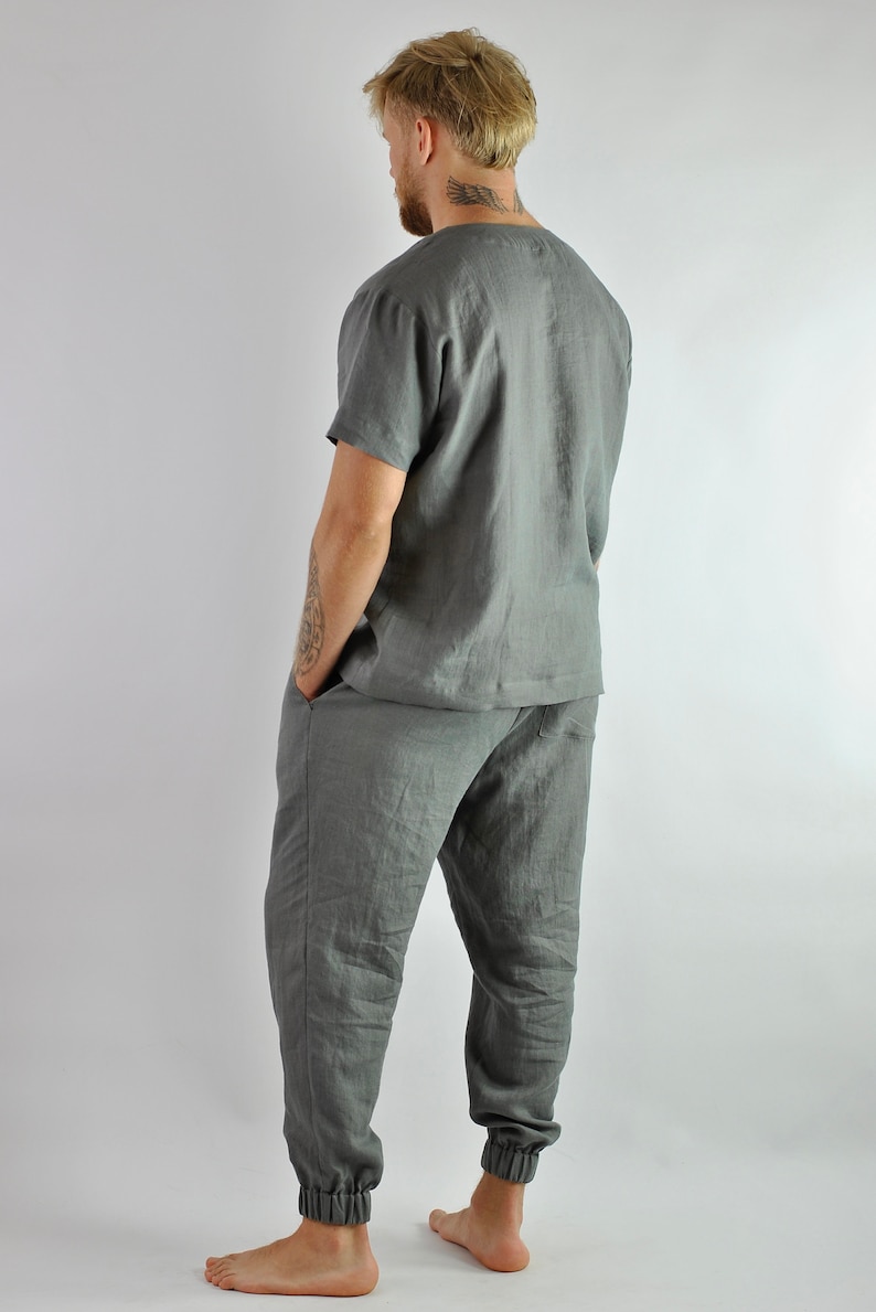 Men's linen t-shirt, Linen tracksuit top, grey linen shirt, Lounge linen top, linen shirt V-neck, Loungewear No. 67 image 6