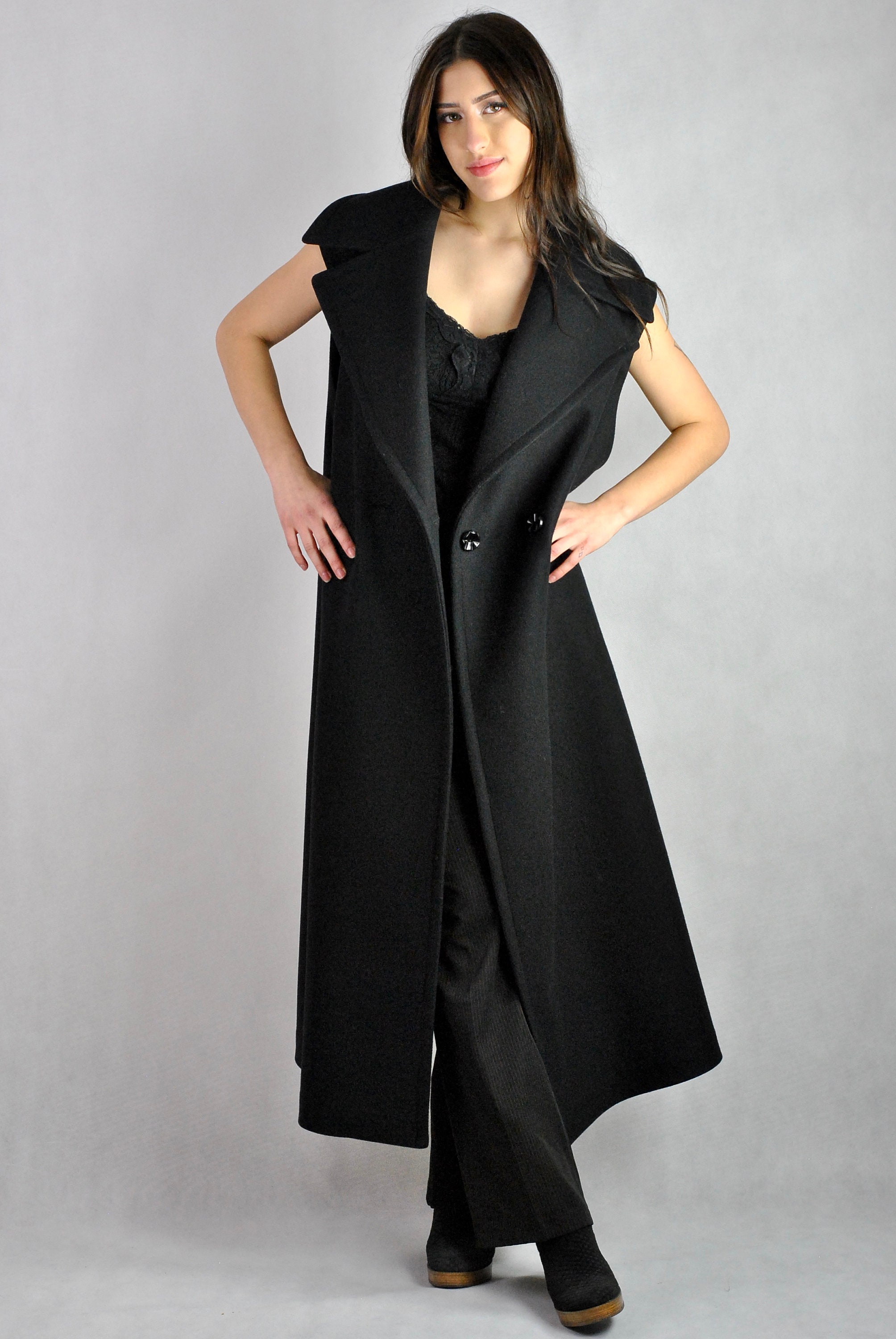 Sleeveless Black Coat Virgin Wool With Cashmere Loose Fitting With