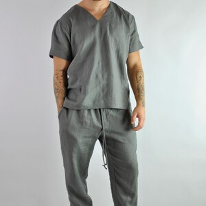 Men's linen t-shirt, Linen tracksuit top, grey linen shirt, Lounge linen top, linen shirt V-neck, Loungewear No. 67 image 5