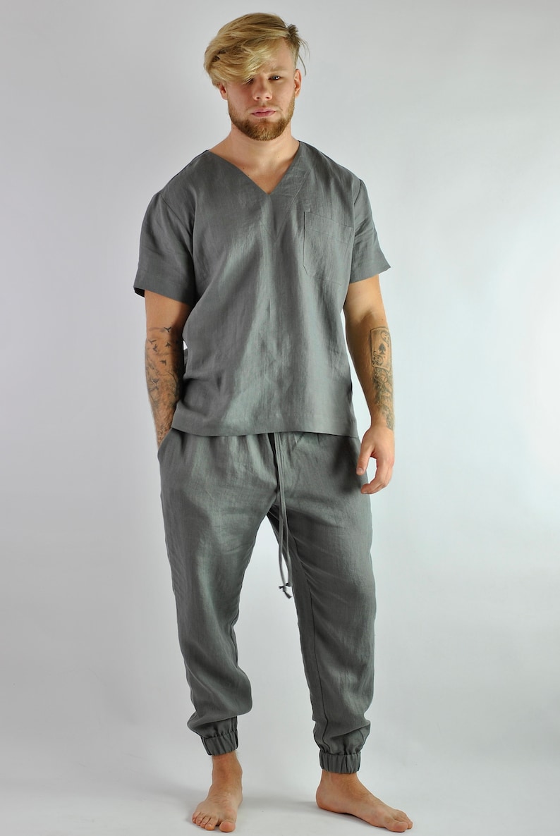 Men's linen t-shirt, Linen tracksuit top, grey linen shirt, Lounge linen top, linen shirt V-neck, Loungewear No. 67 image 5