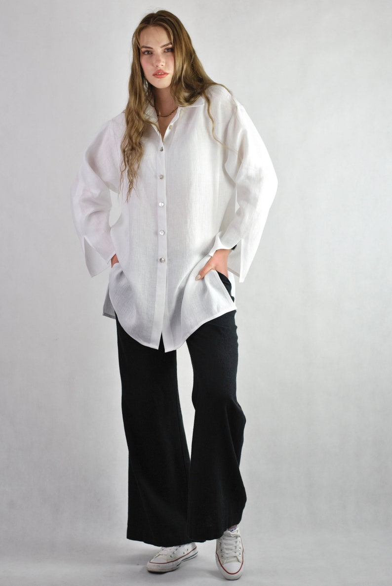 Pure linen white blouse, white buttoned shirt, loose fitting tunic beach wear, summer top, classic office shirt soft linen no. 135 image 2