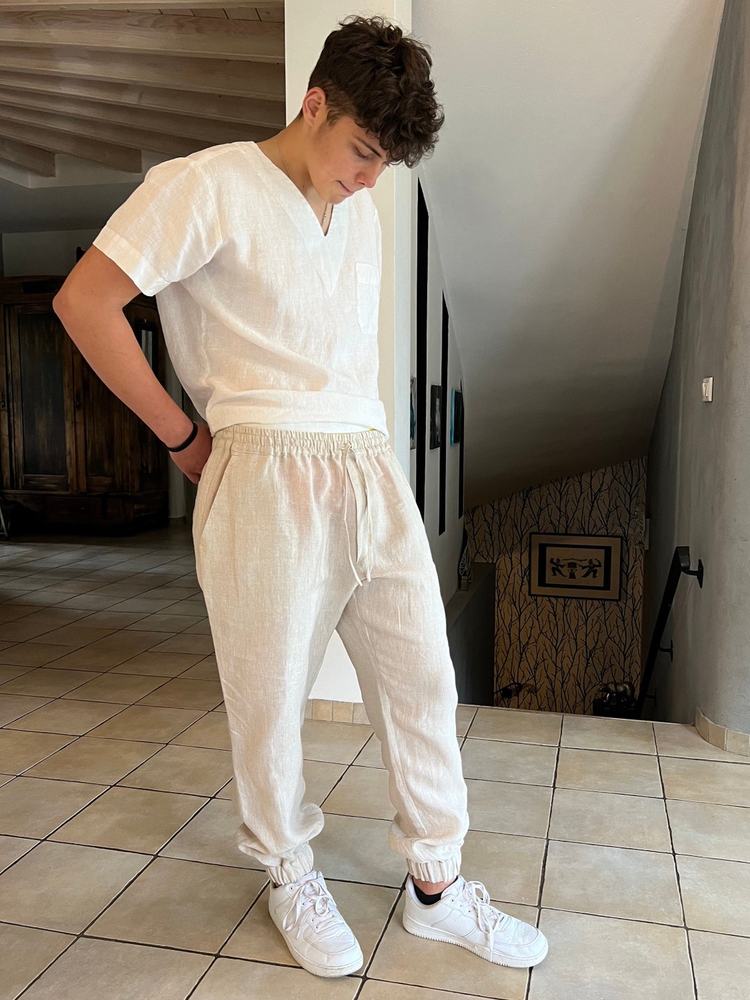 Pantalones de lino natural para hombre, Pantalones de chándal de