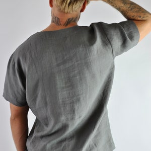 Men's linen t-shirt, Linen tracksuit top, grey linen shirt, Lounge linen top, linen shirt V-neck, Loungewear No. 67 image 4