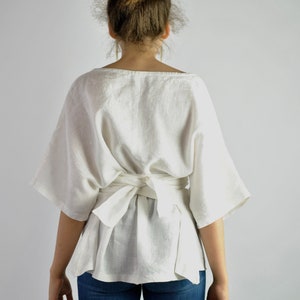 Casual Elegance: White Linen Blouse with Ties Effortlessly Stylish Kimono-Inspired Tunic for Beach or Office Chic no. 57 image 2