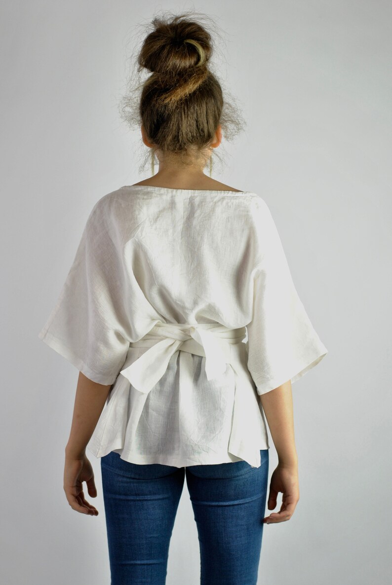 Casual Elegance: White Linen Blouse with Ties Effortlessly Stylish Kimono-Inspired Tunic for Beach or Office Chic no. 57 image 2