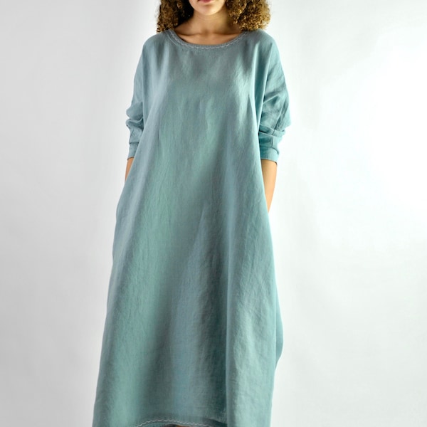 Turquoise Mint  Linen House Dress – Versatile Nightdress, Natural Beach Kaftan, Comfortable Tunic Kimono with Pockets no. 54