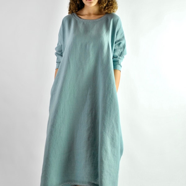 Robe d'intérieur en lin turquoise menthe - Chemise de nuit polyvalente, caftan de plage naturel, tunique kimono confortable avec poches réf. 54