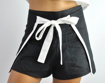 Pure linen black shorts with white trims, summer shorts, tailored shorts, beach shorts, office shorts with pockets no. 33
