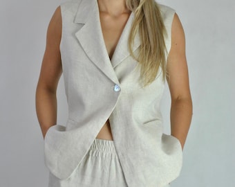 Linen Sleeveless Blazer, Linen Suit Vest, Loose Natural Linen Jacket With Pockets, Office Summer Top no. 140