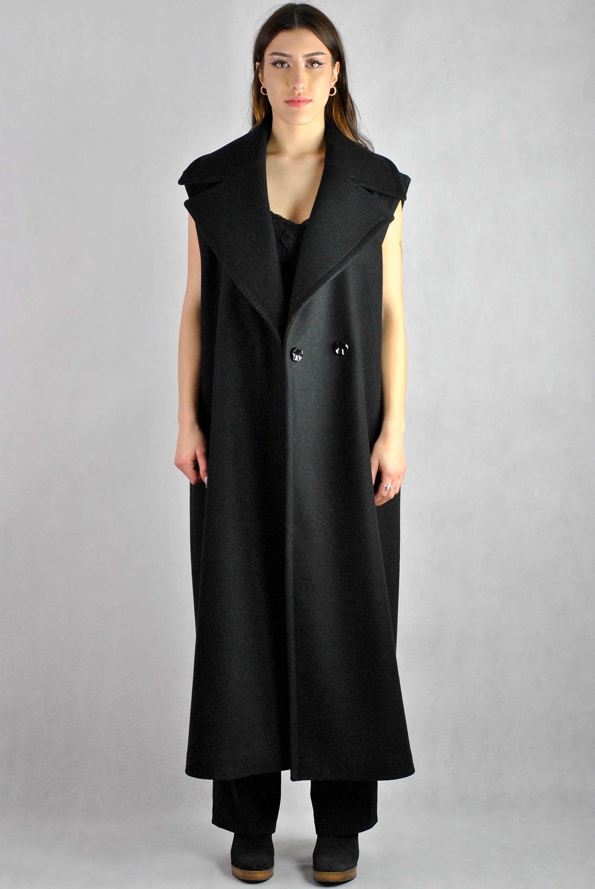 Sleeveless Black Coat Virgin Wool With Cashmere Loose Fitting With
