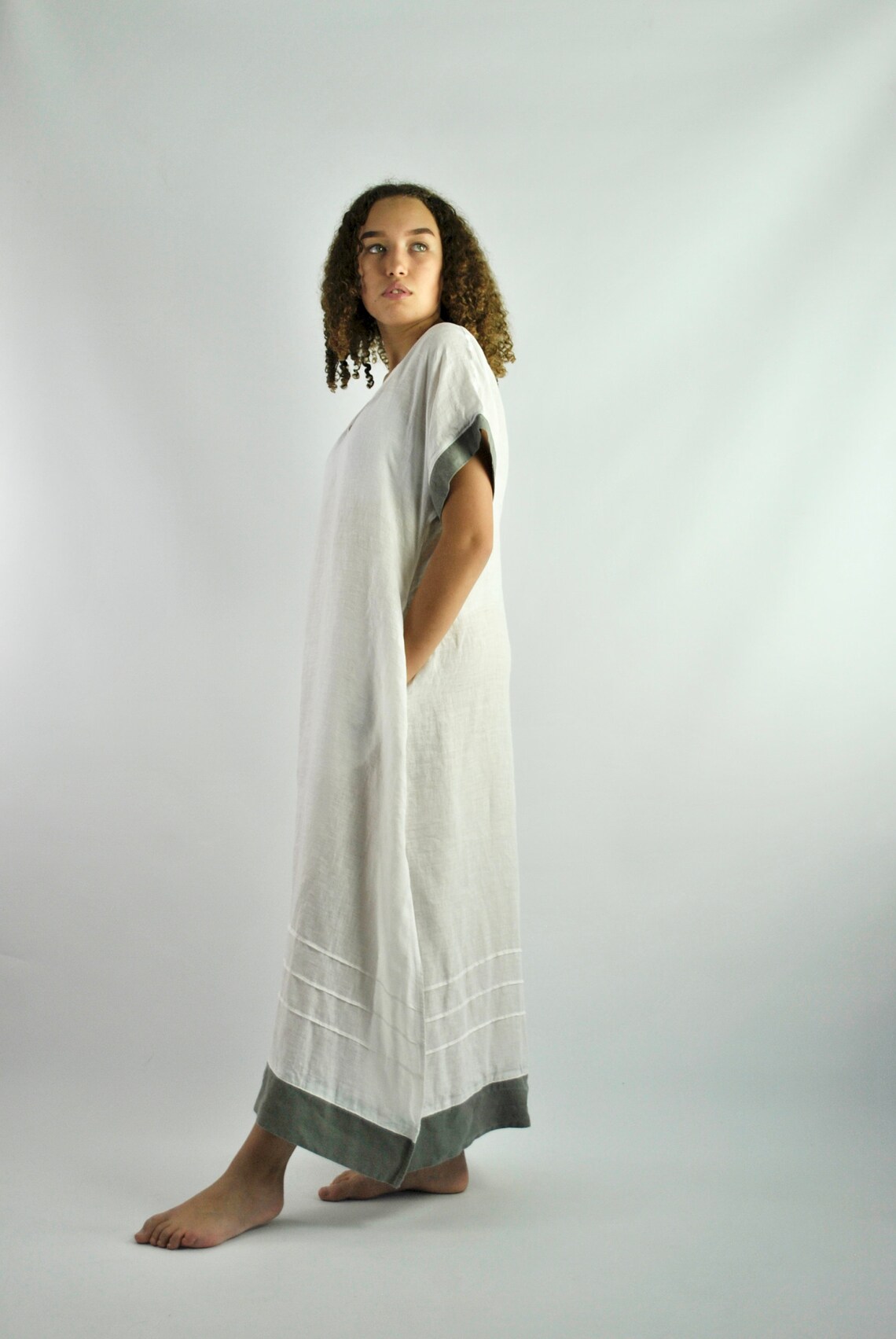 Pure Linen White Beach Dress, White Casual Dress, Linen Kaftan, Loose