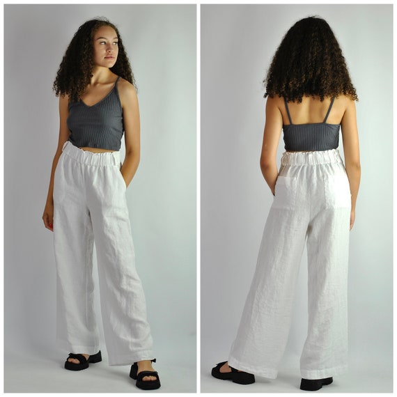 Pure White Linen Wide Trousers, Summer Flares, Tailored Pants