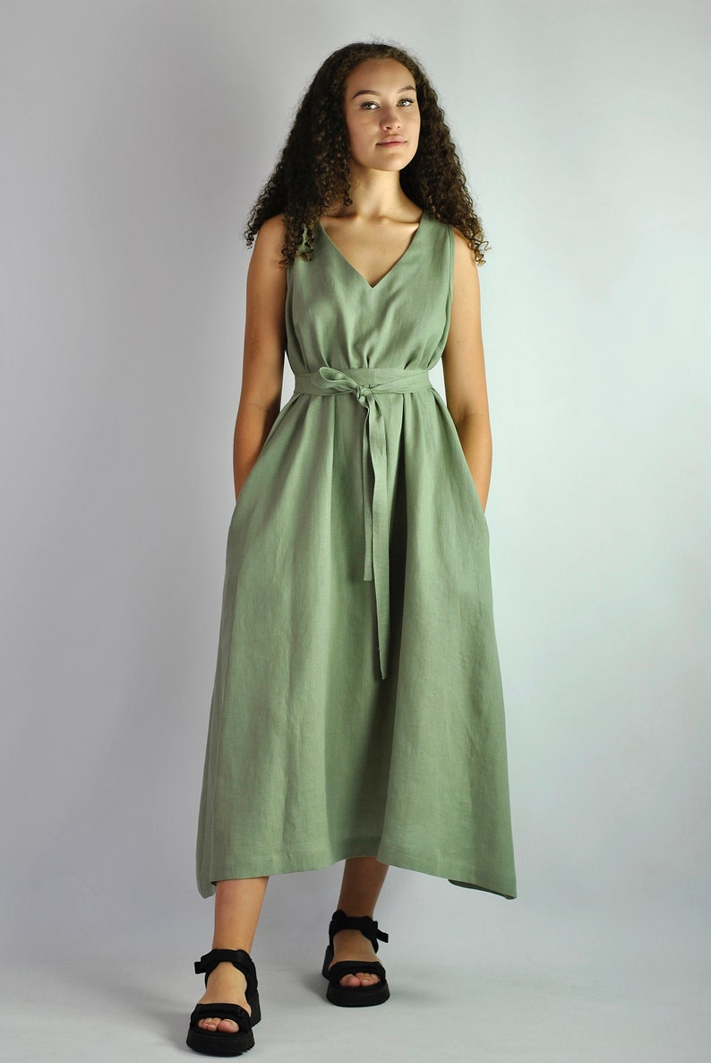 Pure linen loose sage green dress, summer beach dress, comfortable lounge dress, dress with pockets, long dress with belt, no. 98 image 7