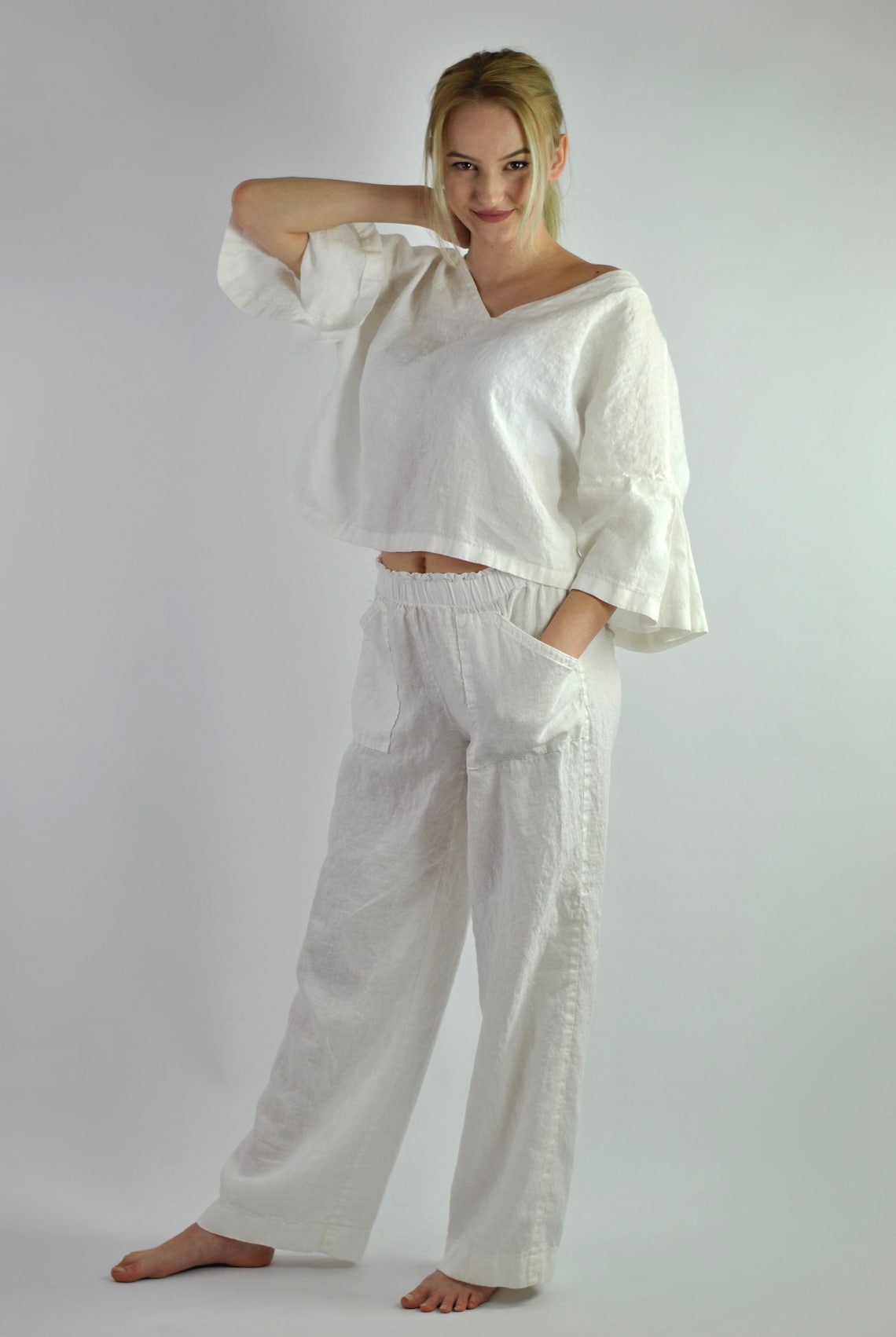 Pure White Linen Pants and Blouse, Linen Set, Trousers With Pockets and
