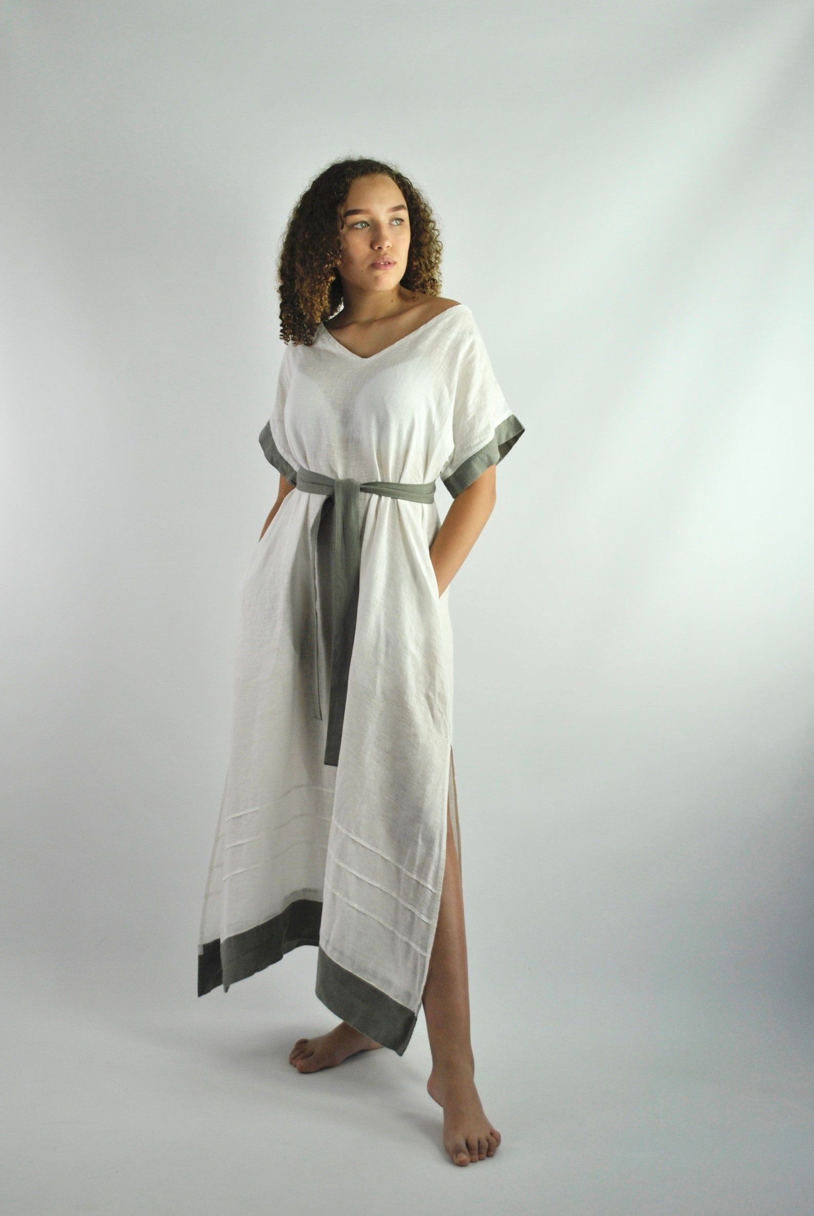 Pure Linen White Beach Dress, White Casual Dress, Linen Kaftan, Loose