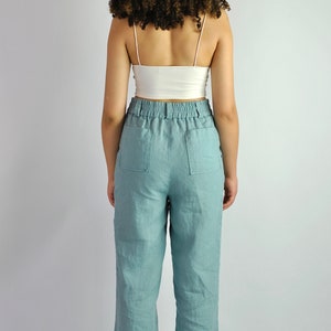 Pure linen wide turquoise trousers, summer flares, tailored pants, linen trousers with pockets, beach pants loose fit, no. 82 image 9