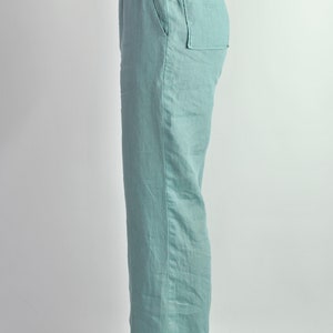 Pure linen wide turquoise trousers, summer flares, tailored pants, linen trousers with pockets, beach pants loose fit, no. 82 image 5