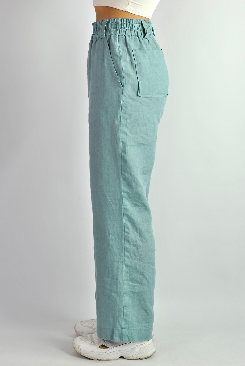 Pure linen wide turquoise trousers, summer flares, tailored pants, linen trousers with pockets, beach pants loose fit, no. 82 image 5